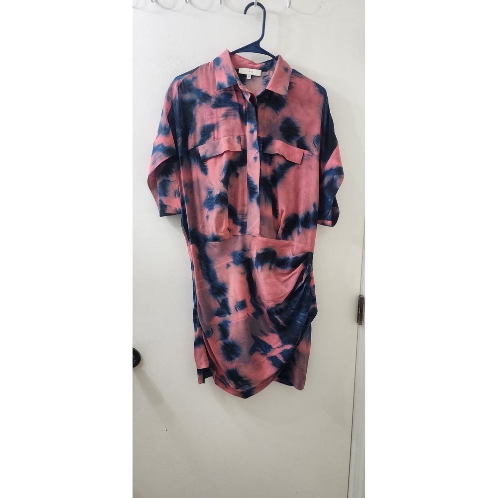 IRO Oceane Silk Tie Dye Mini Dress Pink Navy Blue Ruched Drape Sz 36 Womens